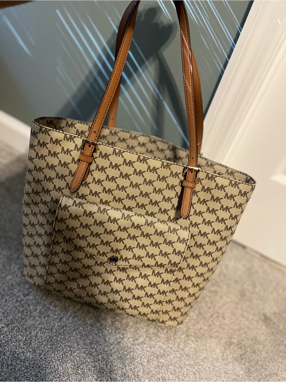Michael Kors Beige MK Logo Tote with Tan Straps
